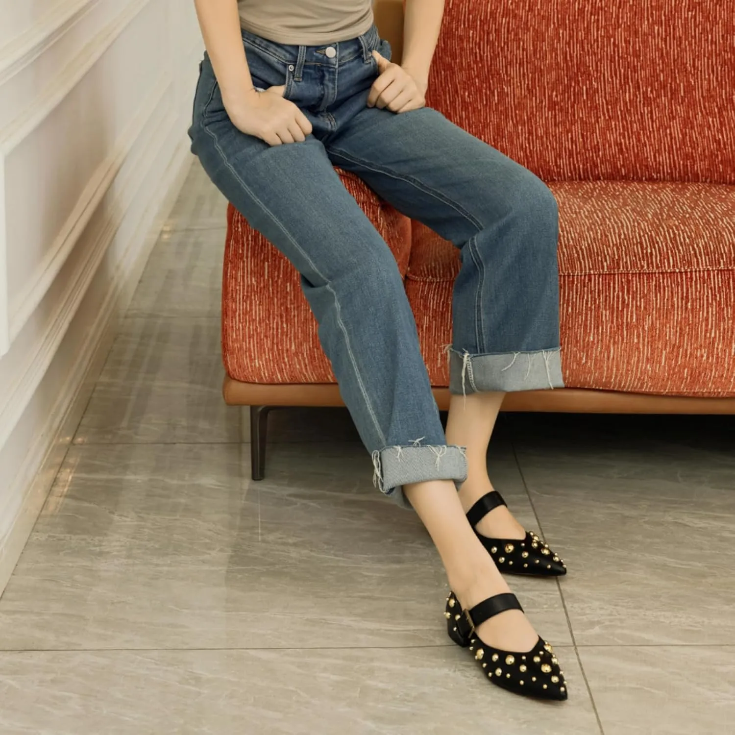 Women's Studded Flats Pointed Toe Mary Jane Flat Shoes