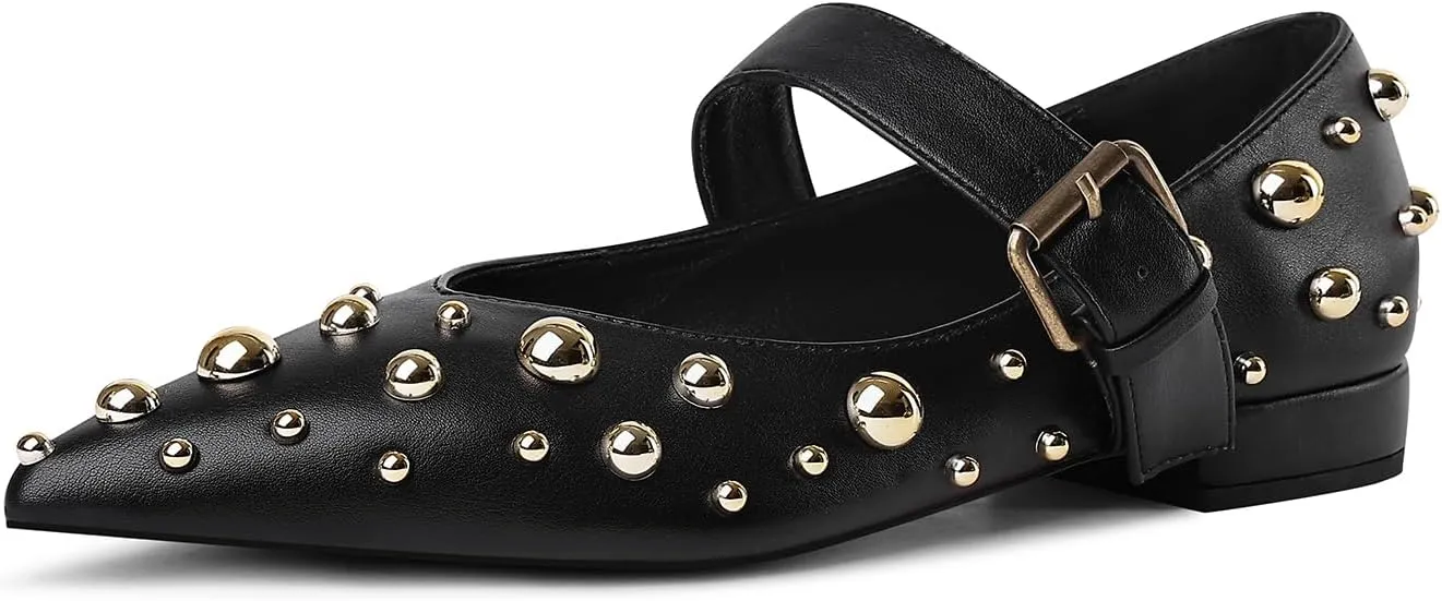 Women's Studded Flats Pointed Toe Mary Jane Flat Shoes
