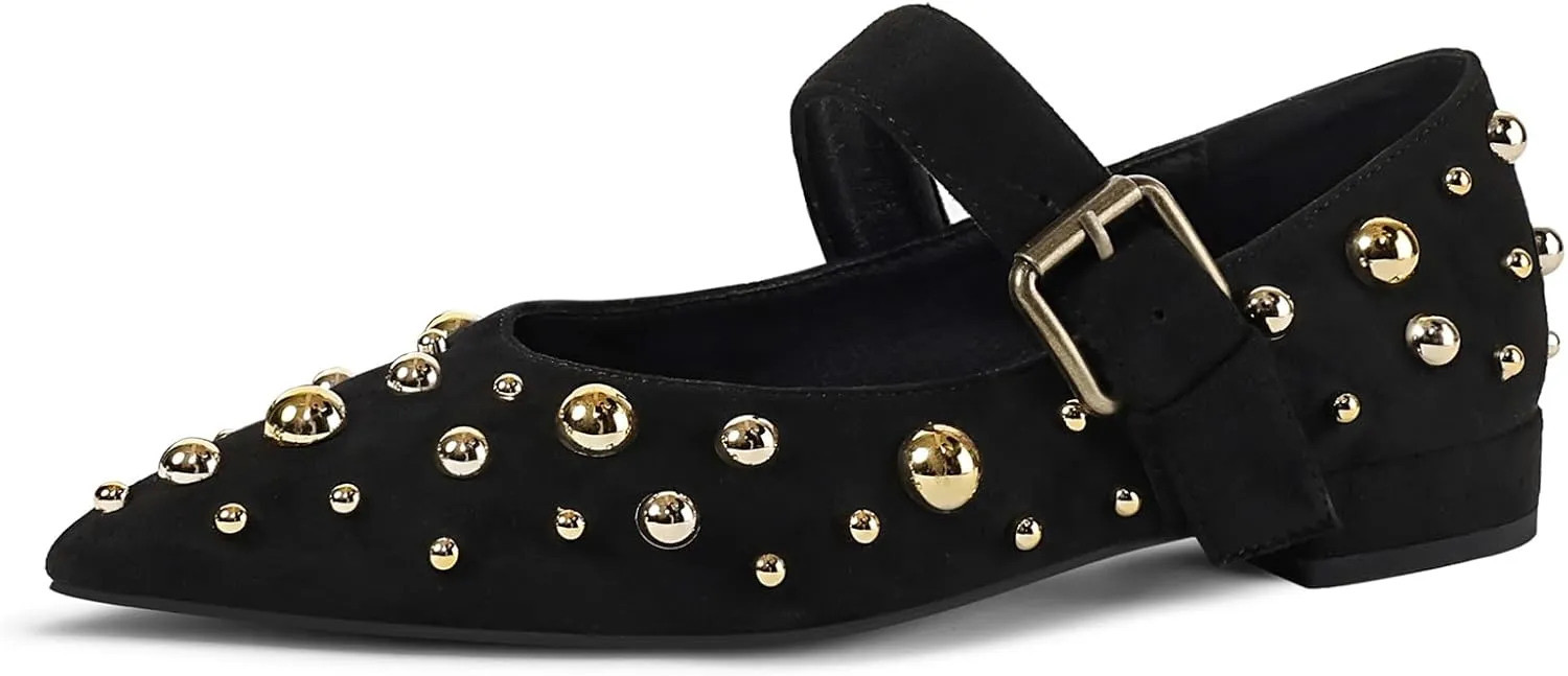 Women's Studded Flats Pointed Toe Mary Jane Flat Shoes