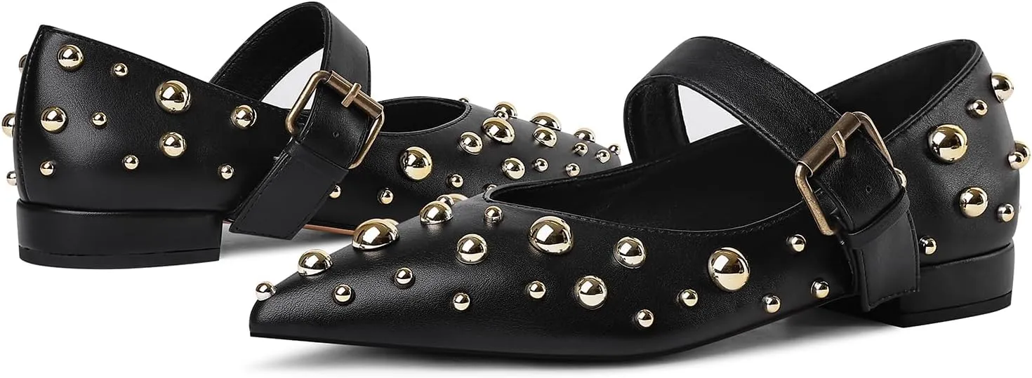 Women's Studded Flats Pointed Toe Mary Jane Flat Shoes