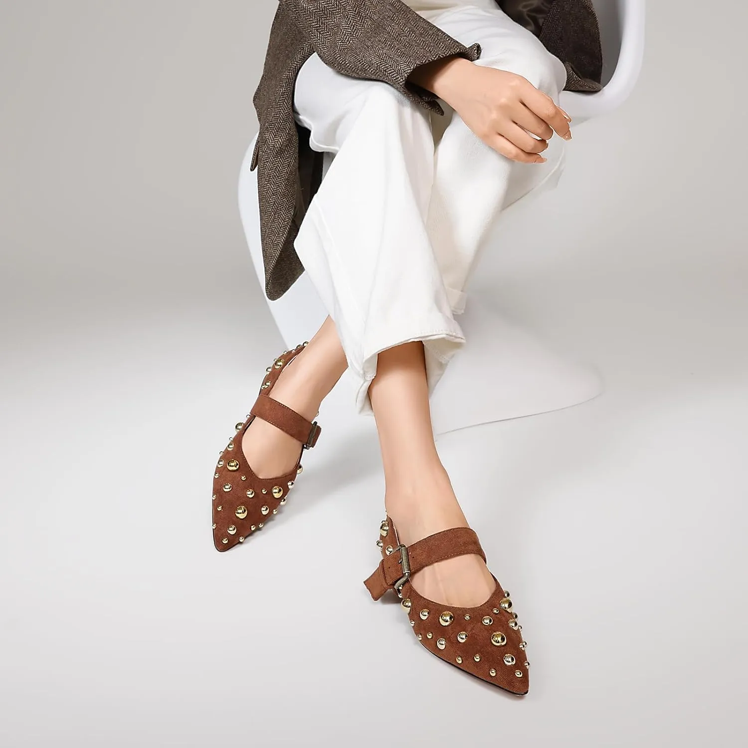 Women's Studded Flats Pointed Toe Mary Jane Flat Shoes