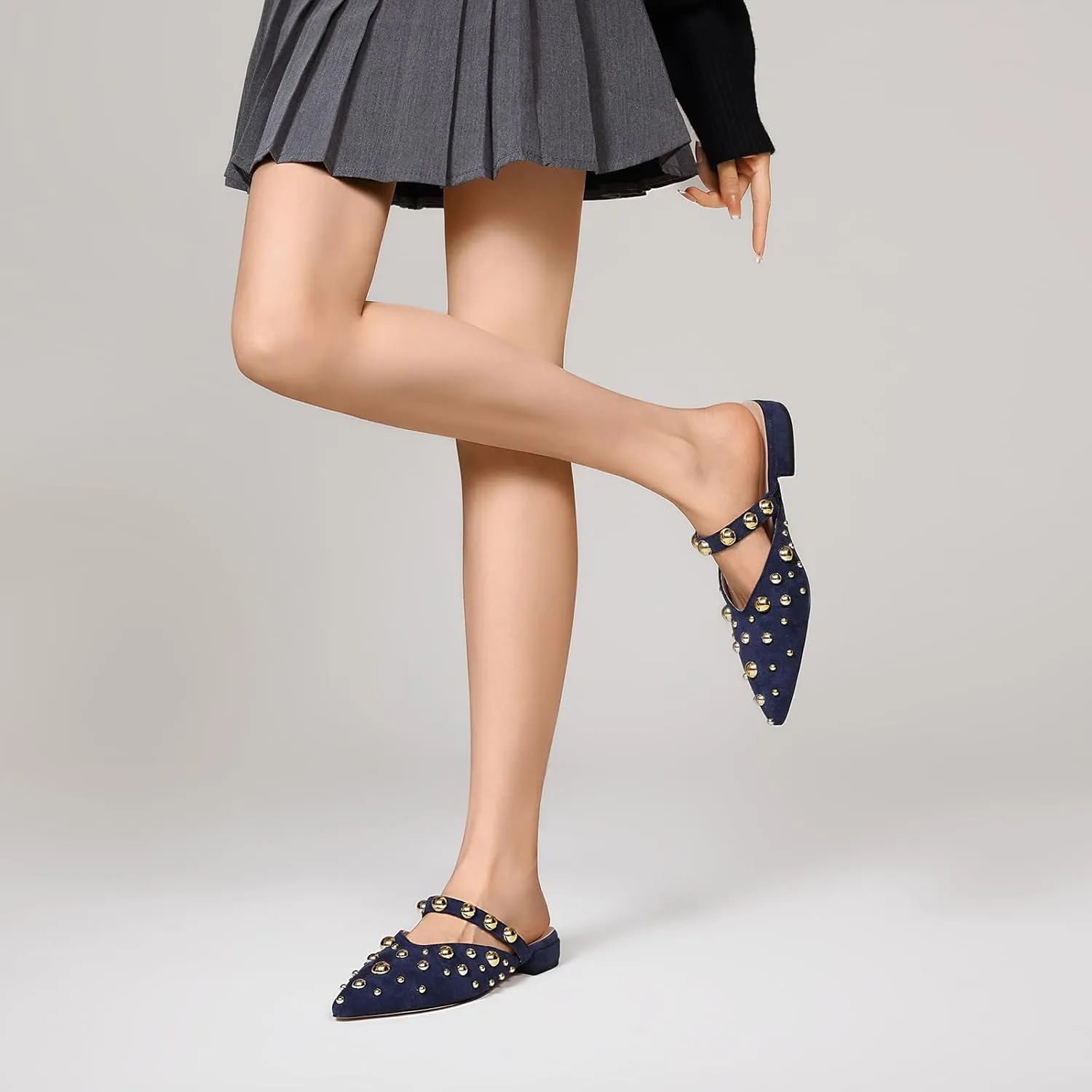 Women's Studded Mules Pointed Toe Strap Slipper Comfortable Flats Shoes