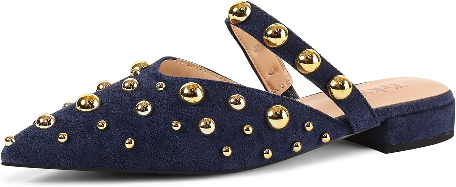 Women's Studded Mules Pointed Toe Strap Slipper Comfortable Flats Shoes