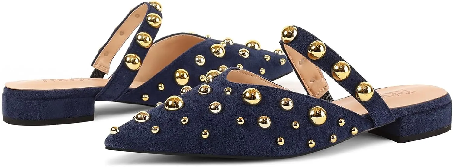 Women's Studded Mules Pointed Toe Strap Slipper Comfortable Flats Shoes
