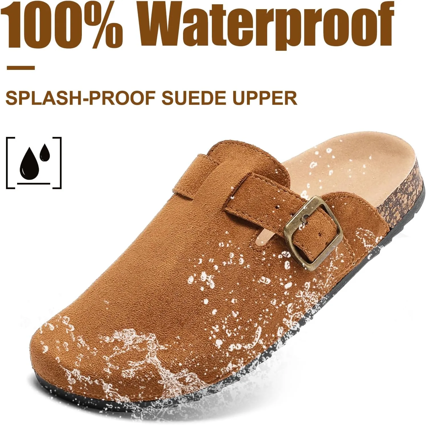 Women's Suede Clogs Mens Leather Mules Comfort Cork Footbed Antislip House Sandals Arch Support Potato Shoes with Adjustable Buckle