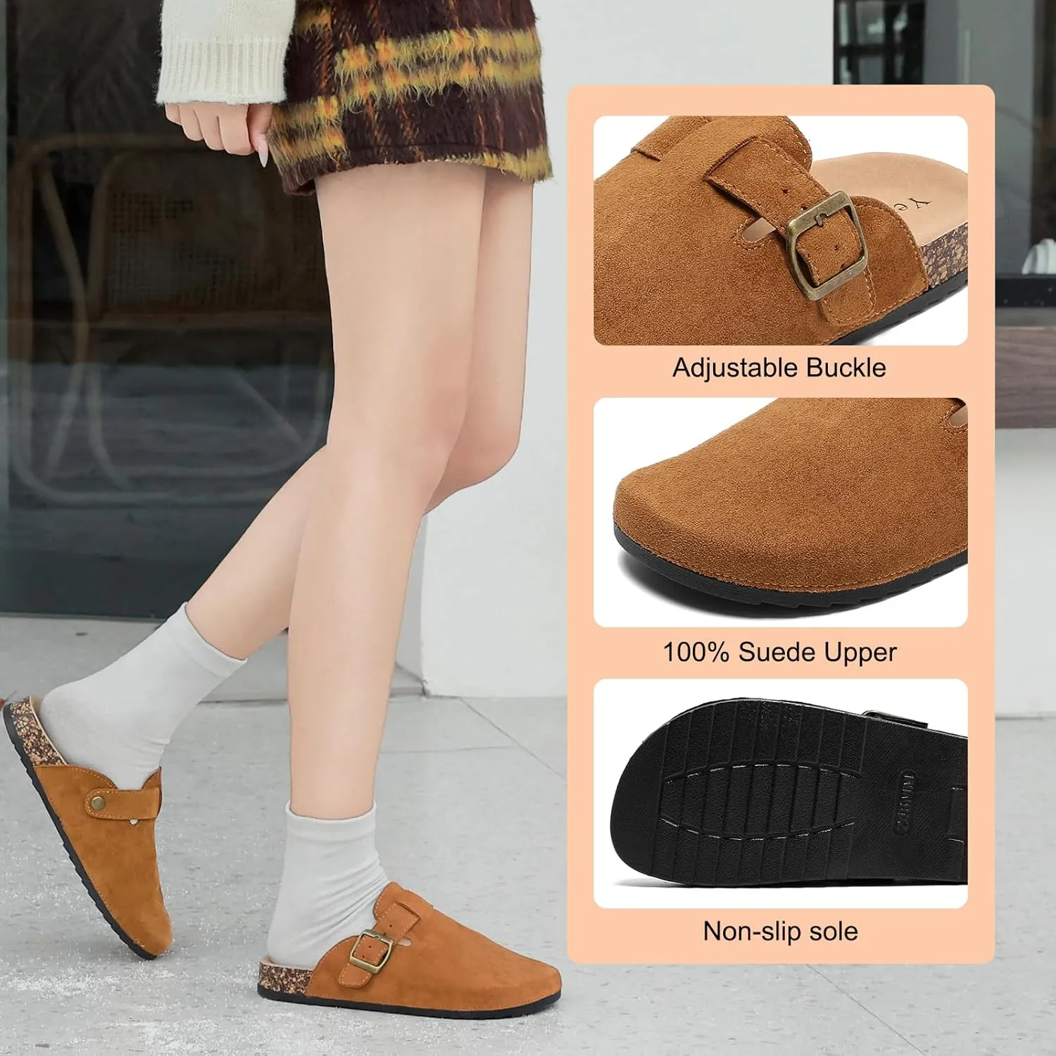 Women's Suede Clogs Mens Leather Mules Comfort Cork Footbed Antislip House Sandals Arch Support Potato Shoes with Adjustable Buckle