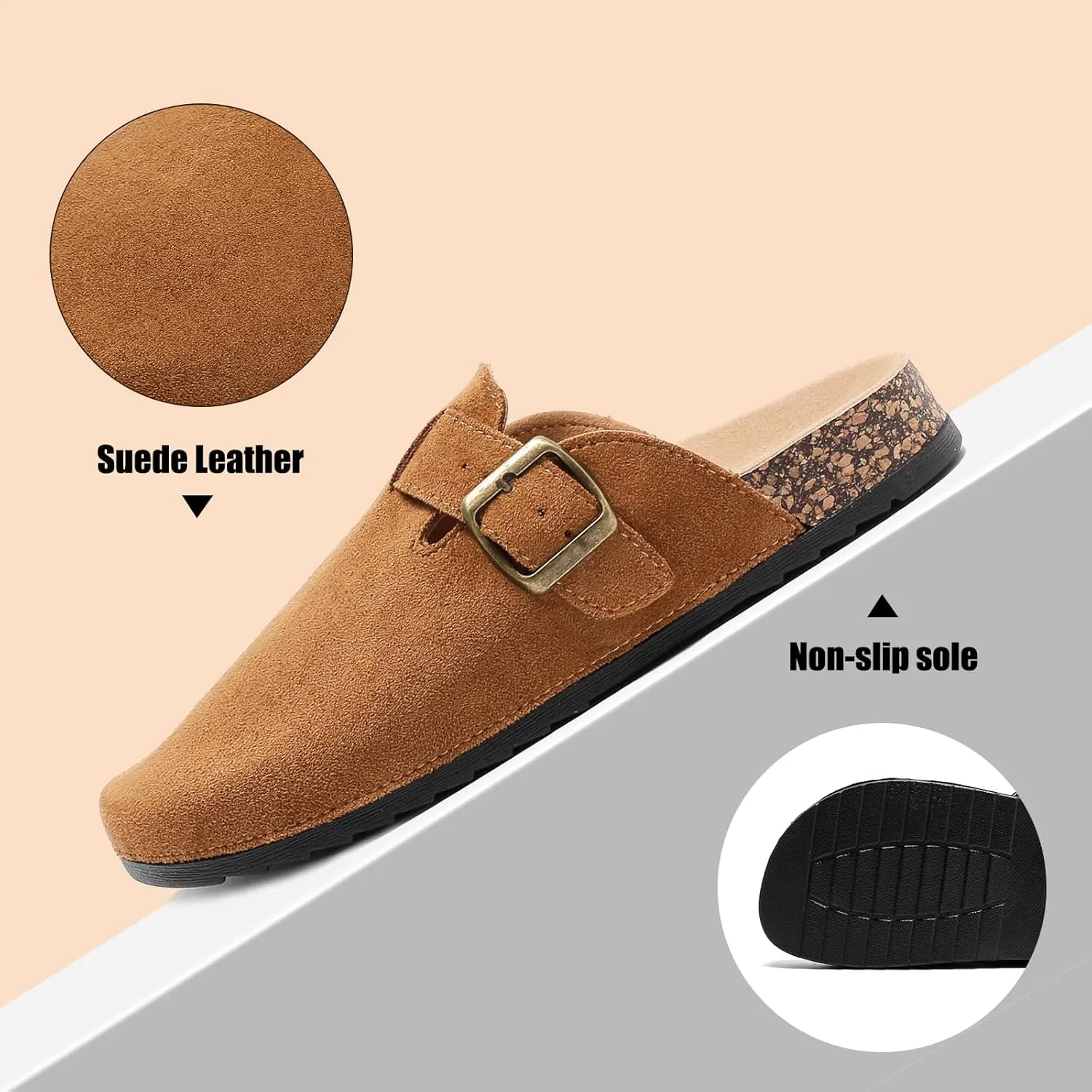 Women's Suede Clogs Mens Leather Mules Comfort Cork Footbed Antislip House Sandals Arch Support Potato Shoes with Adjustable Buckle