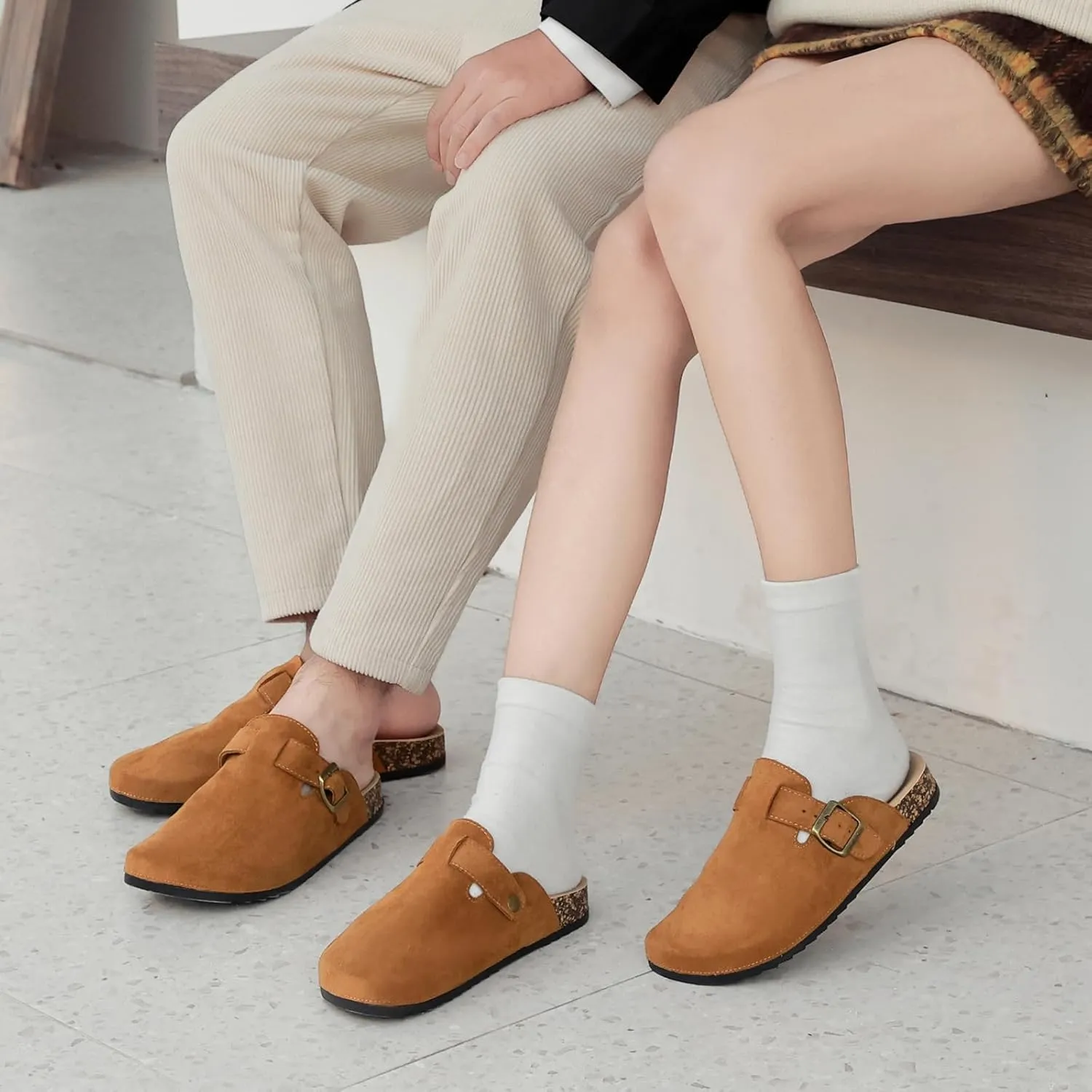 Women's Suede Clogs Mens Leather Mules Comfort Cork Footbed Antislip House Sandals Arch Support Potato Shoes with Adjustable Buckle