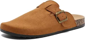 Women's Suede Clogs Mens Leather Mules Comfort Cork Footbed Antislip House Sandals Arch Support Potato Shoes with Adjustable Buckle