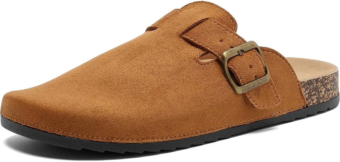 Women's Suede Clogs Mens Leather Mules Comfort Cork Footbed Antislip House Sandals Arch Support Potato Shoes with Adjustable Buckle
