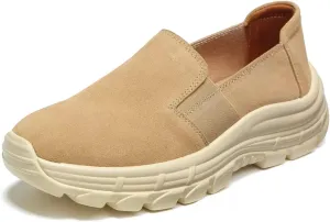 Women's Suede Lug Sole Slip-on Penny Loafers with Arch Support,Fashion Round Toe Platform Non-Slip Casual Sneakers Comfort Walking Shoes