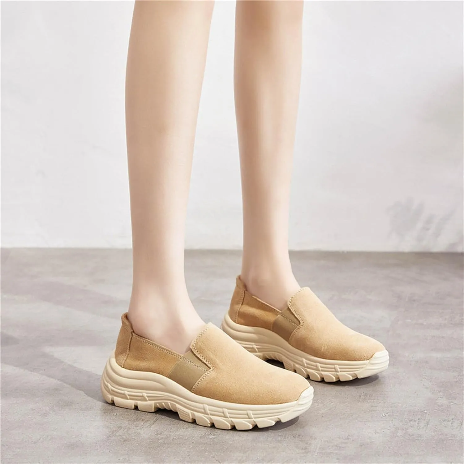 Women's Suede Lug Sole Slip-on Penny Loafers with Arch Support,Fashion Round Toe Platform Non-Slip Casual Sneakers Comfort Walking Shoes