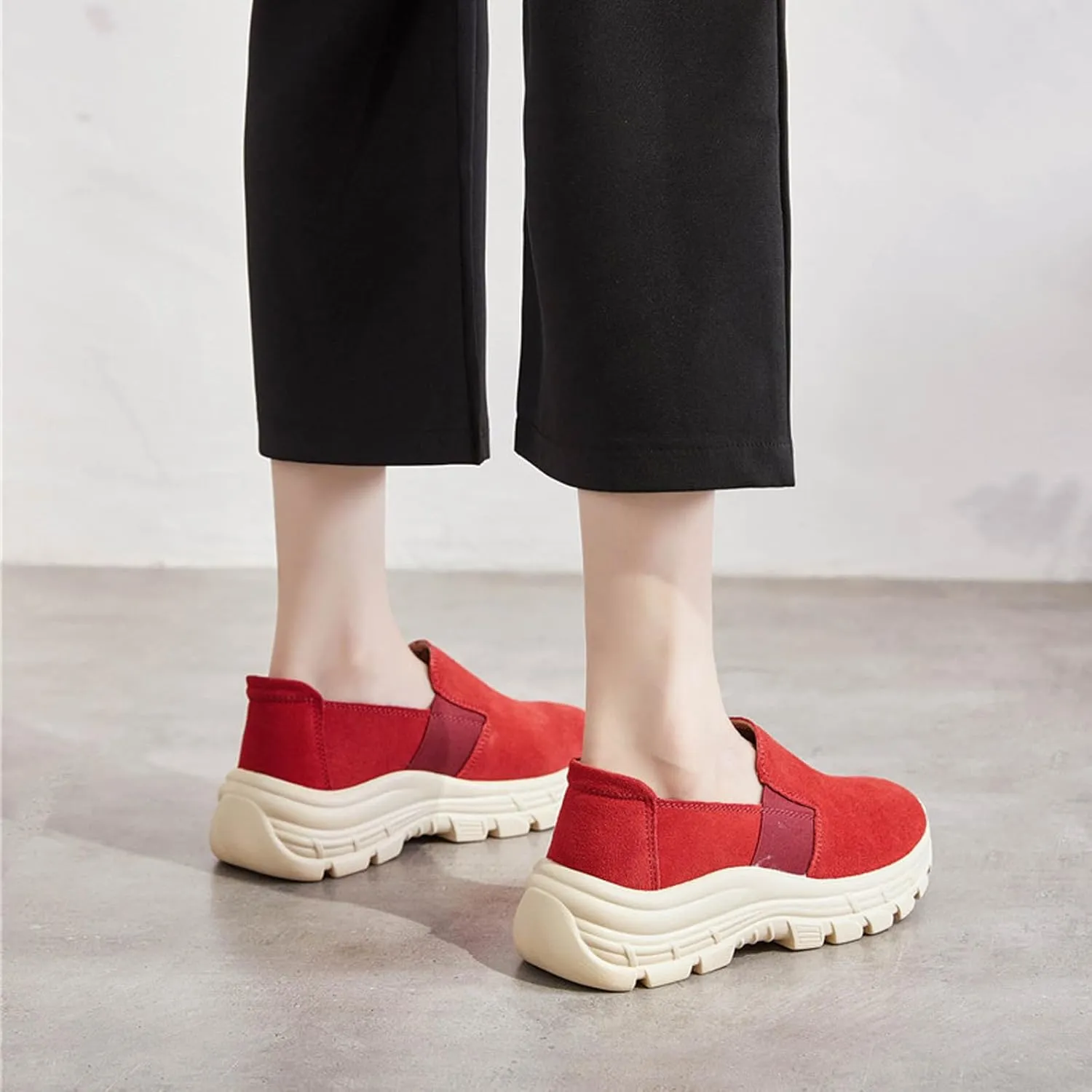Women's Suede Lug Sole Slip-on Penny Loafers with Arch Support,Fashion Round Toe Platform Non-Slip Casual Sneakers Comfort Walking Shoes