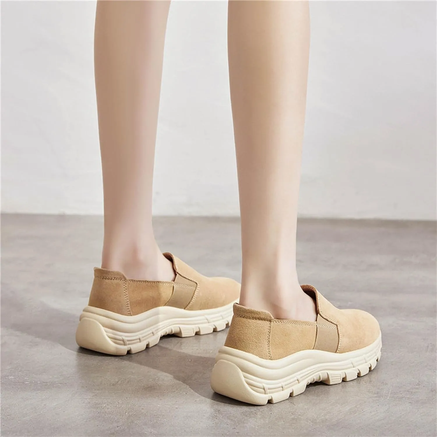 Women's Suede Lug Sole Slip-on Penny Loafers with Arch Support,Fashion Round Toe Platform Non-Slip Casual Sneakers Comfort Walking Shoes