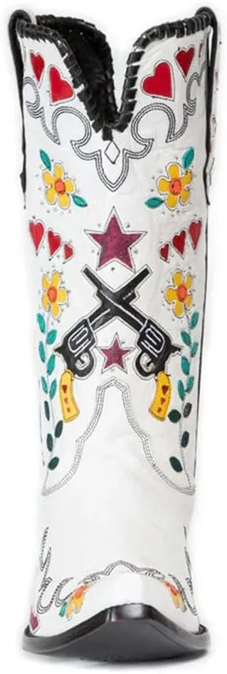 Women's Swallow Floral Embroidered Cowgirl Boots - Chunky Low Heels - Handmade Rivets - Western Cowboy Knee High Boots - Pull On - Blue, Black, Green - Patchwork - Wide Calf
