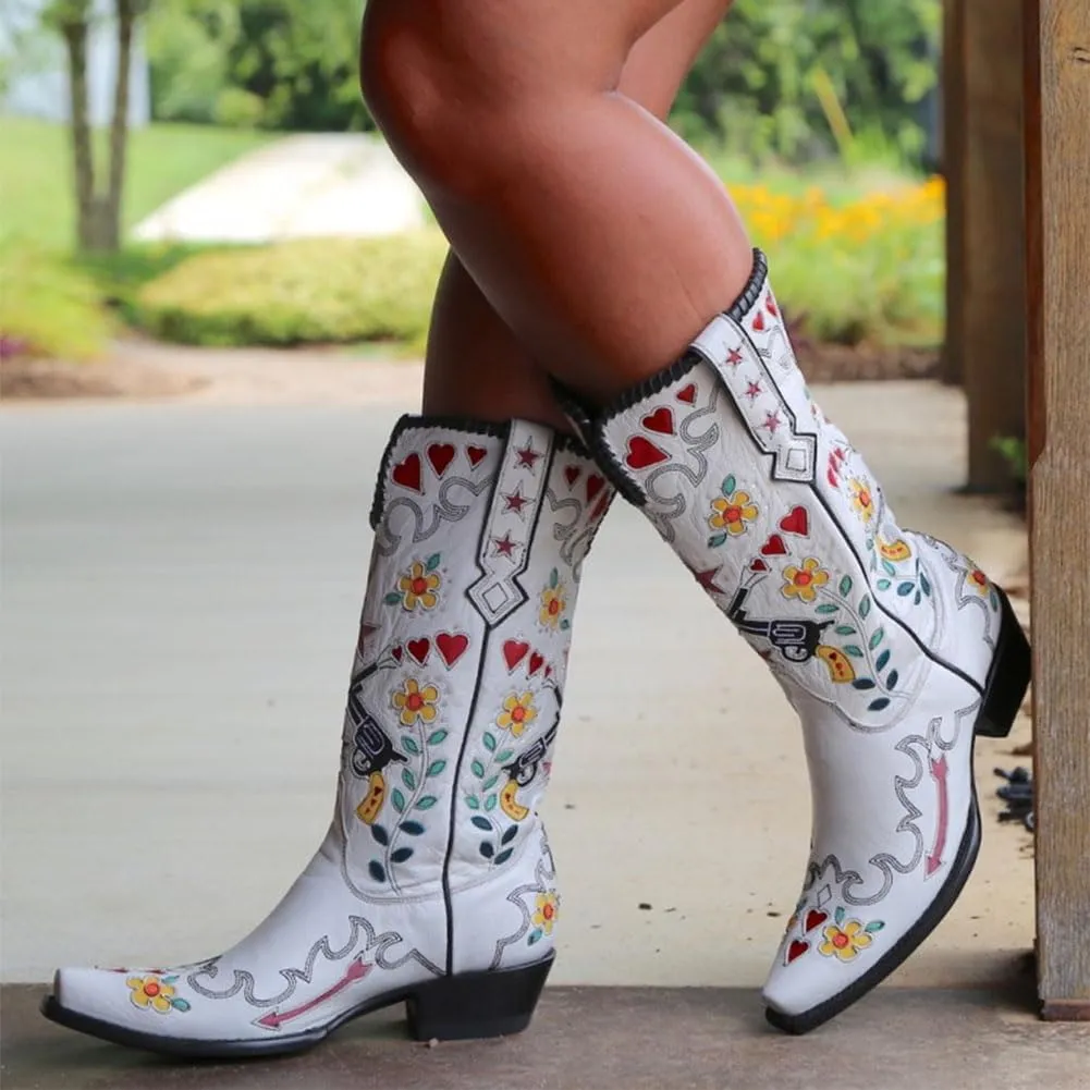 Women's Swallow Floral Embroidered Cowgirl Boots - Chunky Low Heels - Handmade Rivets - Western Cowboy Knee High Boots - Pull On - Blue, Black, Green - Patchwork - Wide Calf