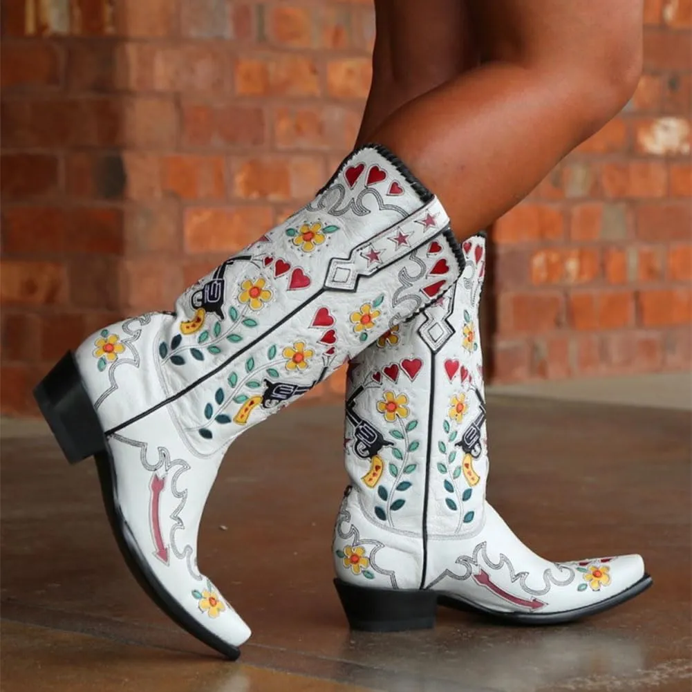 Women's Swallow Floral Embroidered Cowgirl Boots - Chunky Low Heels - Handmade Rivets - Western Cowboy Knee High Boots - Pull On - Blue, Black, Green - Patchwork - Wide Calf