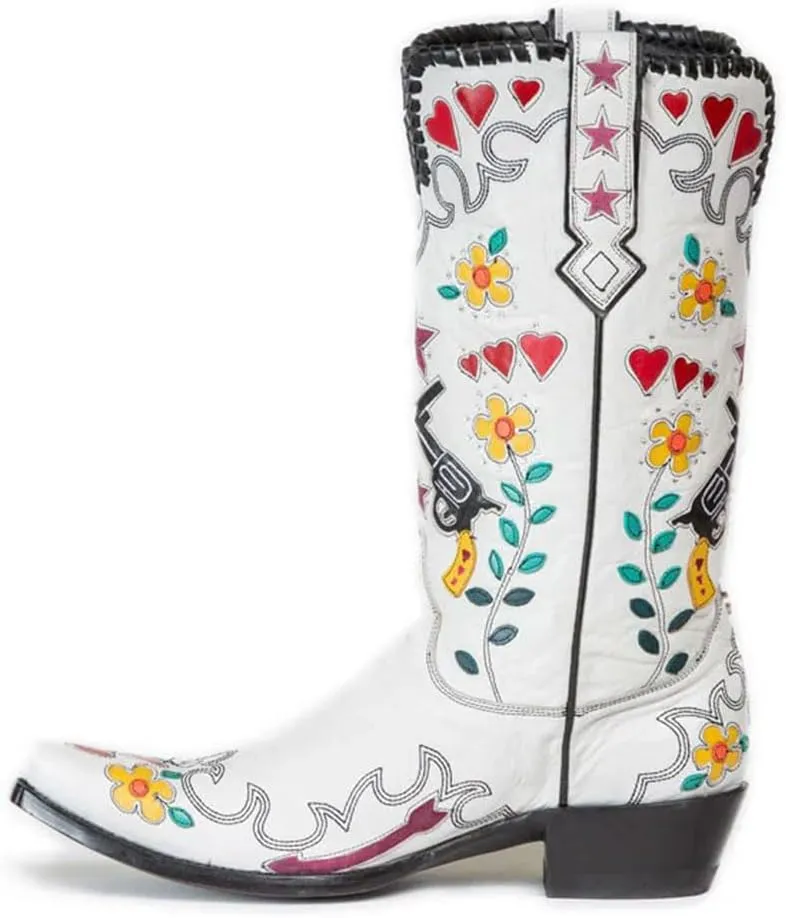 Women's Swallow Floral Embroidered Cowgirl Boots - Chunky Low Heels - Handmade Rivets - Western Cowboy Knee High Boots - Pull On - Blue, Black, Green - Patchwork - Wide Calf