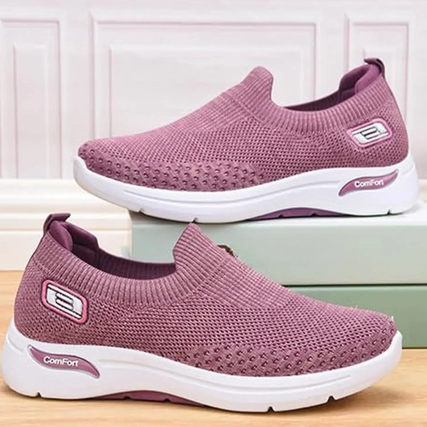 Womens Tennis Shoes Soft Knitted Fabric Mesh Casual Non Slip Sneakers Breathable Lightweight with Arch Support Slip On Walking Shoes Comfort Wear Orthowear Shoe