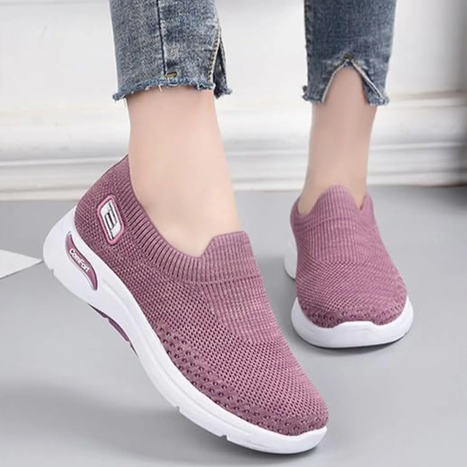 Womens Tennis Shoes Soft Knitted Fabric Mesh Casual Non Slip Sneakers Breathable Lightweight with Arch Support Slip On Walking Shoes Comfort Wear Orthowear Shoe