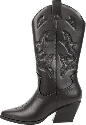 Women’s Western Cowboy Boots – Mid-Calf Pointed Toe Embroidered Cowgirl Boot with Chunky Heel – Classic Rodeo Style Julia