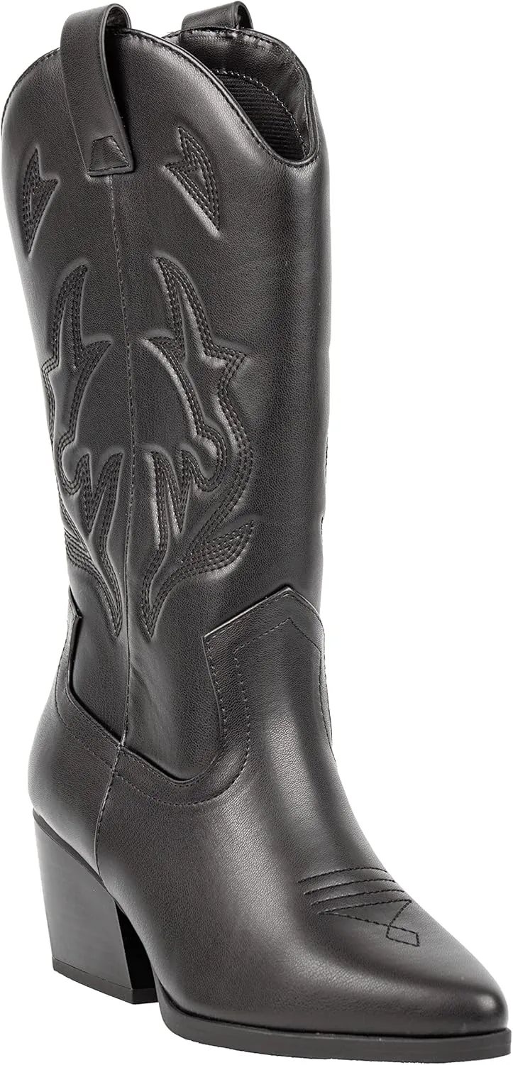Women’s Western Cowboy Boots – Mid-Calf Pointed Toe Embroidered Cowgirl Boot with Chunky Heel – Classic Rodeo Style Julia