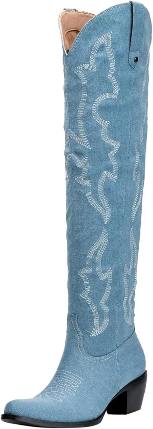 Womens White Cowgirl Boots Fashion Over the Knee Boots With Classic Embroidery Chunky Heels And Western Style