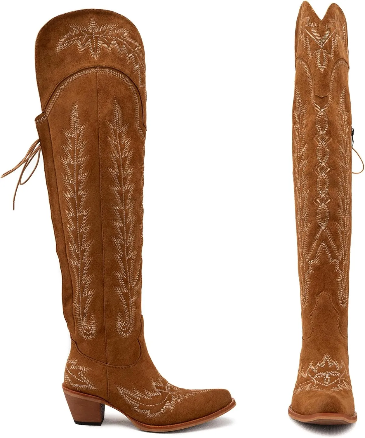 Womens White Cowgirl Boots Fashion Over the Knee Boots With Classic Embroidery Chunky Heels And Western Style