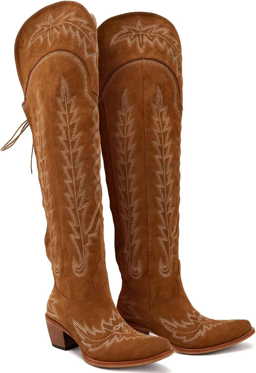 Womens White Cowgirl Boots Fashion Over the Knee Boots With Classic Embroidery Chunky Heels And Western Style