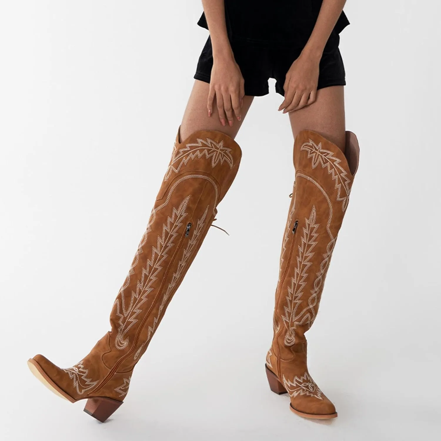 Womens White Cowgirl Boots Fashion Over the Knee Boots With Classic Embroidery Chunky Heels And Western Style
