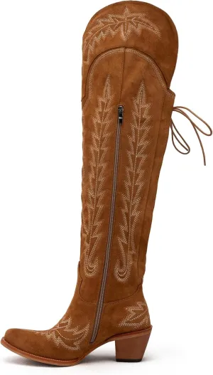 Womens White Cowgirl Boots Fashion Over the Knee Boots With Classic Embroidery Chunky Heels And Western Style