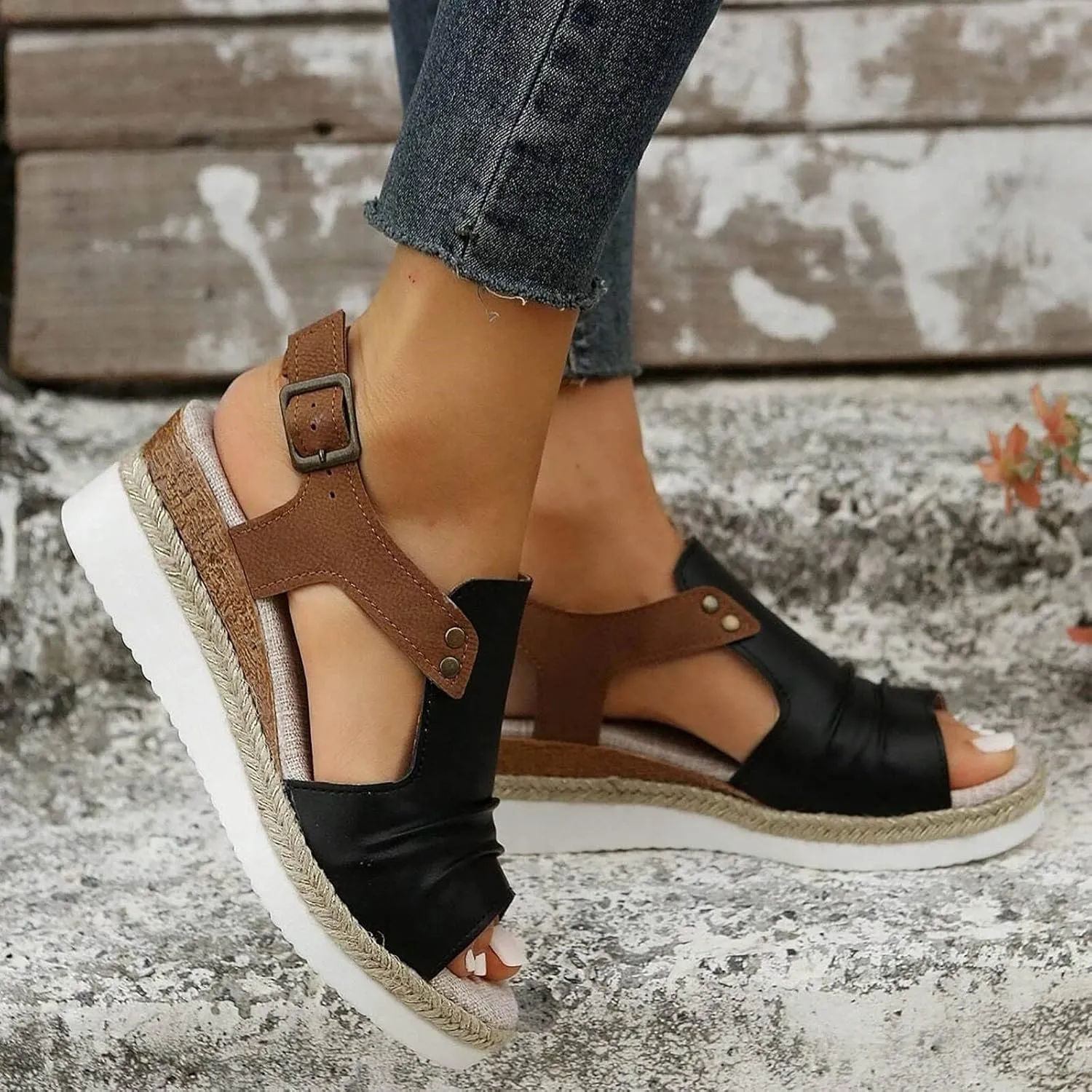 Womenyiaor Wedge Sandals for Women, Espadrilles for Women Open Toe Ankle Strap Wedge Heels Sandals Dressy Summer Platform Sandals Comfortable Slip on Sandals Orthopedic Sandals Casual (B-Black, 10)