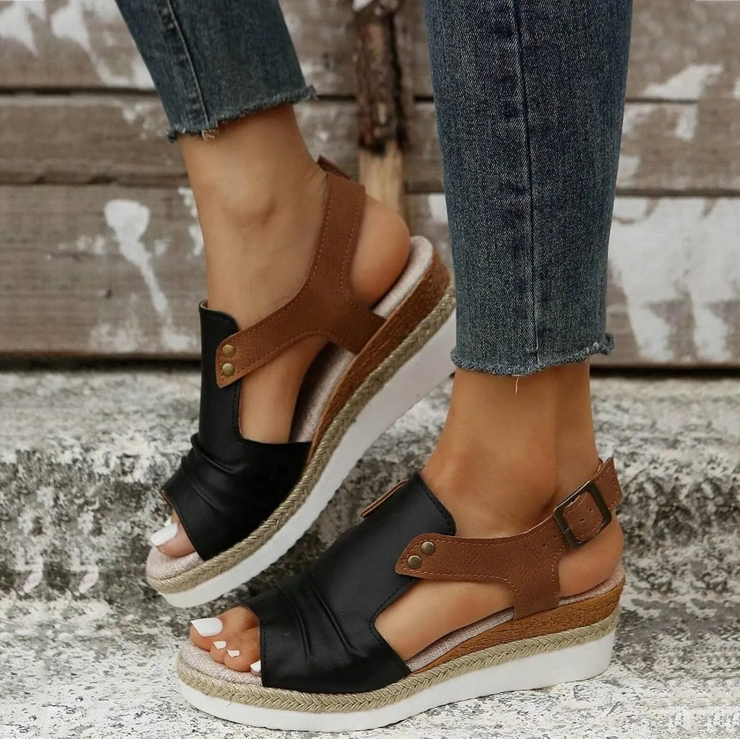 Womenyiaor Wedge Sandals for Women, Espadrilles for Women Open Toe Ankle Strap Wedge Heels Sandals Dressy Summer Platform Sandals Comfortable Slip on Sandals Orthopedic Sandals Casual (B-Black, 10)