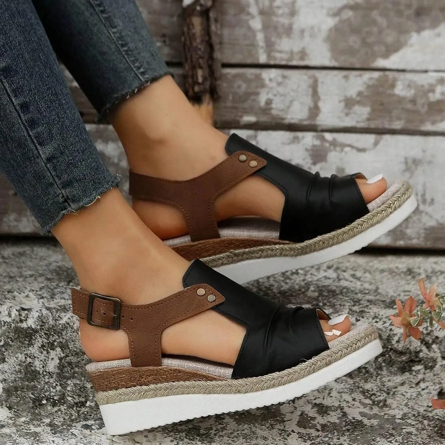 Womenyiaor Wedge Sandals for Women, Espadrilles for Women Open Toe Ankle Strap Wedge Heels Sandals Dressy Summer Platform Sandals Comfortable Slip on Sandals Orthopedic Sandals Casual (B-Black, 10)