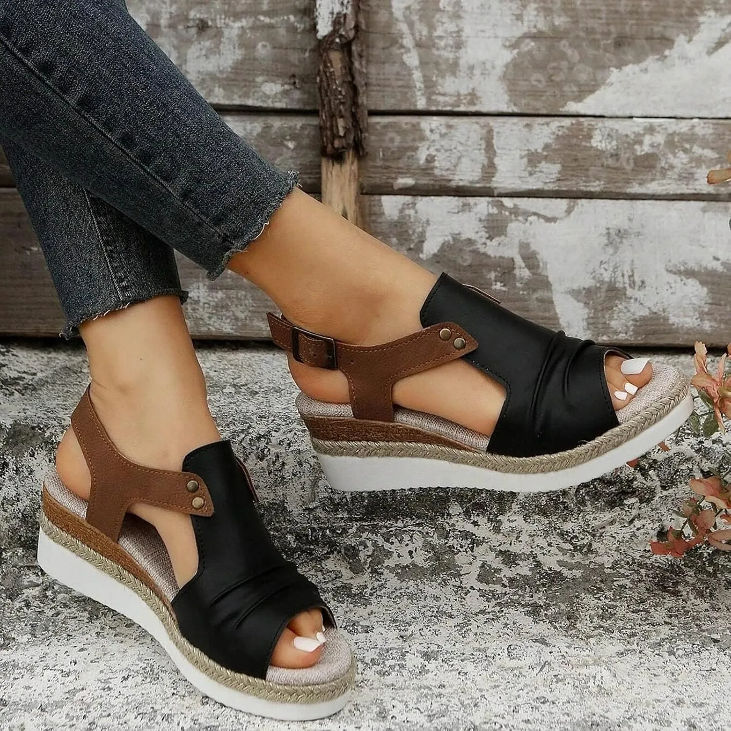 Womenyiaor Wedge Sandals for Women, Espadrilles for Women Open Toe Ankle Strap Wedge Heels Sandals Dressy Summer Platform Sandals Comfortable Slip on Sandals Orthopedic Sandals Casual (B-Black, 10)