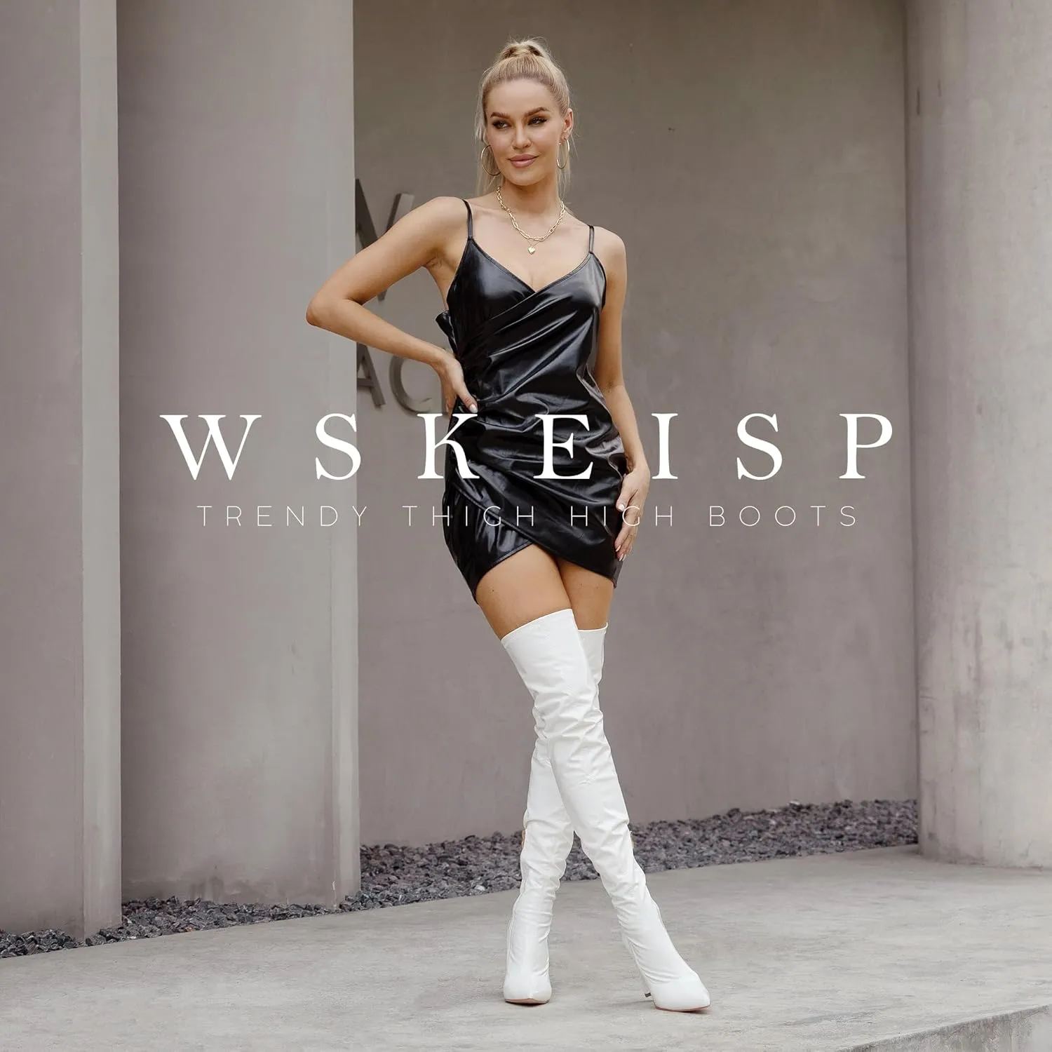 WSKEISP Women's Thigh High Boots Patent Leather PU Heeled Over The Knee High Boots Sexy Pointed Toe Chunky Heel GOGO Boots