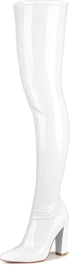 WSKEISP Women's Thigh High Boots Patent Leather PU Heeled Over The Knee High Boots Sexy Pointed Toe Chunky Heel GOGO Boots