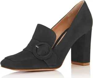 YDN Women Chunky High Heels Square Toe Loafers Shoes Slip On Suede Office Pumps Buckle Size 4-15 US