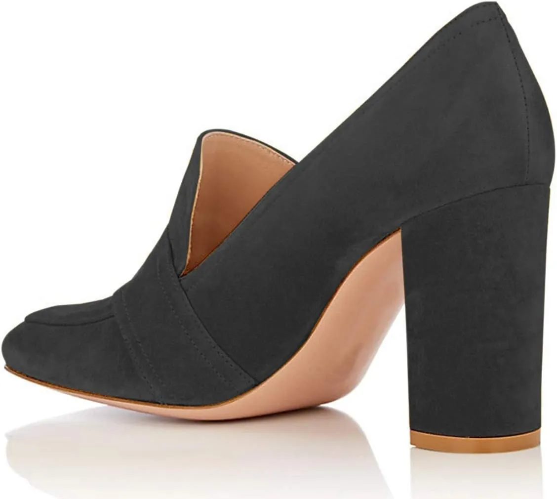 YDN Women Chunky High Heels Square Toe Loafers Shoes Slip On Suede Office Pumps Buckle Size 4-15 US