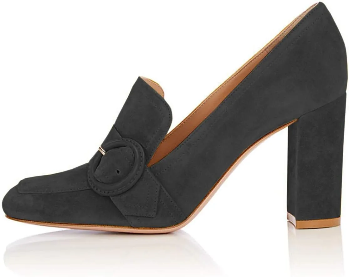 YDN Women Chunky High Heels Square Toe Loafers Shoes Slip On Suede Office Pumps Buckle Size 4-15 US
