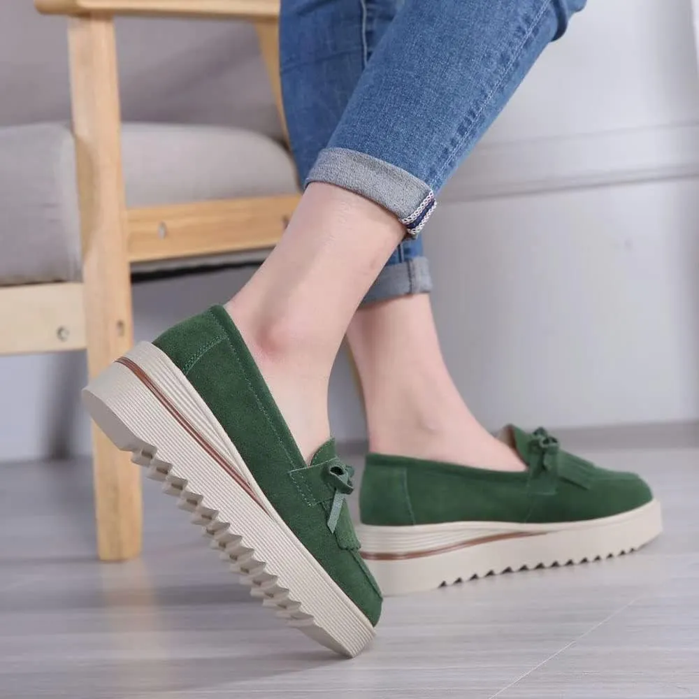 YING LAN Women Platform Slip On Loafers Comfort Suede Moccasins Wide Low Top Wedge Casual Shoes