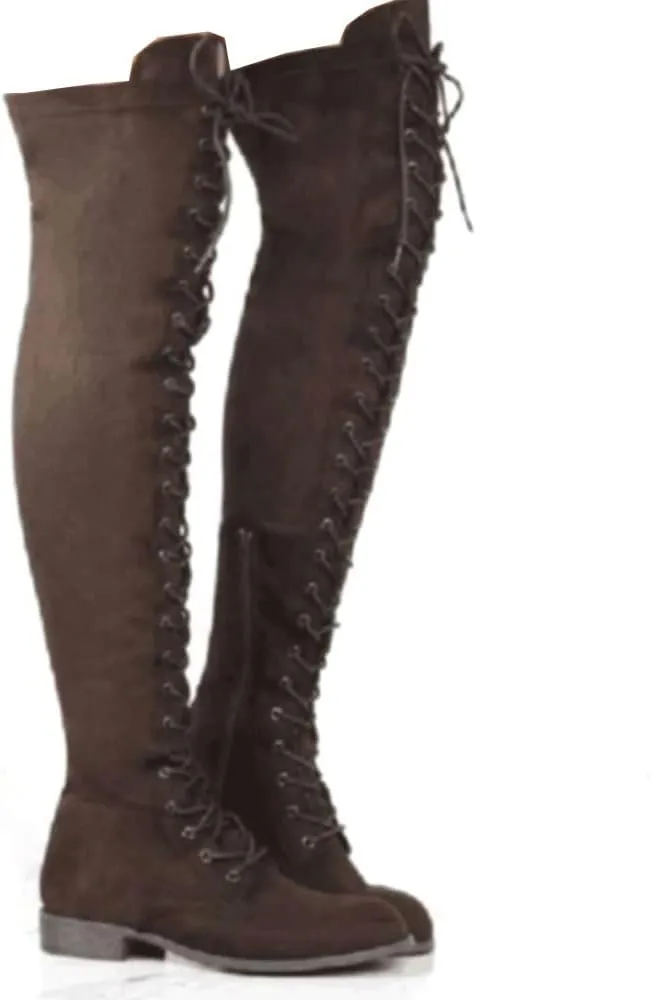 YING LAN Women's Over The Knee Low Heel Lace Up Tall Boots