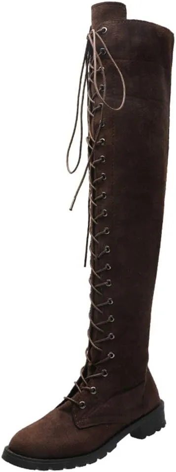 YING LAN Women's Over The Knee Low Heel Lace Up Tall Boots