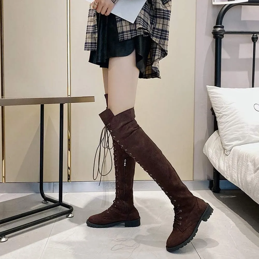 YING LAN Women's Over The Knee Low Heel Lace Up Tall Boots