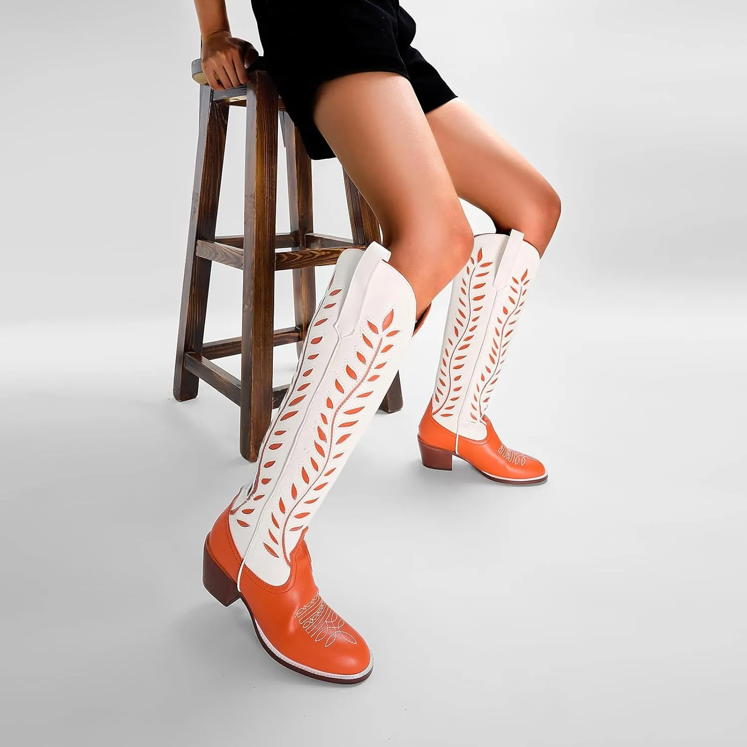 Yishaweiqi Embroidered Cowboy Boots for Women Almond Round Toe Chunky Heel Cowgirl Boots Pull On Knee High Western Boots with Contrast Foliage Inlay