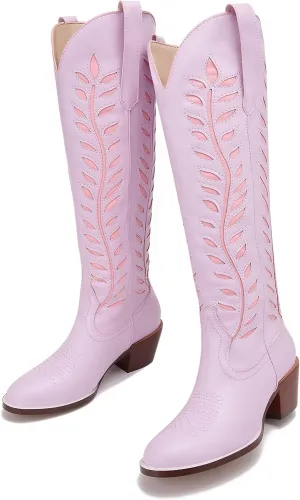 Yishaweiqi Embroidered Cowboy Boots for Women Almond Round Toe Chunky Heel Cowgirl Boots Pull On Knee High Western Boots with Contrast Foliage Inlay