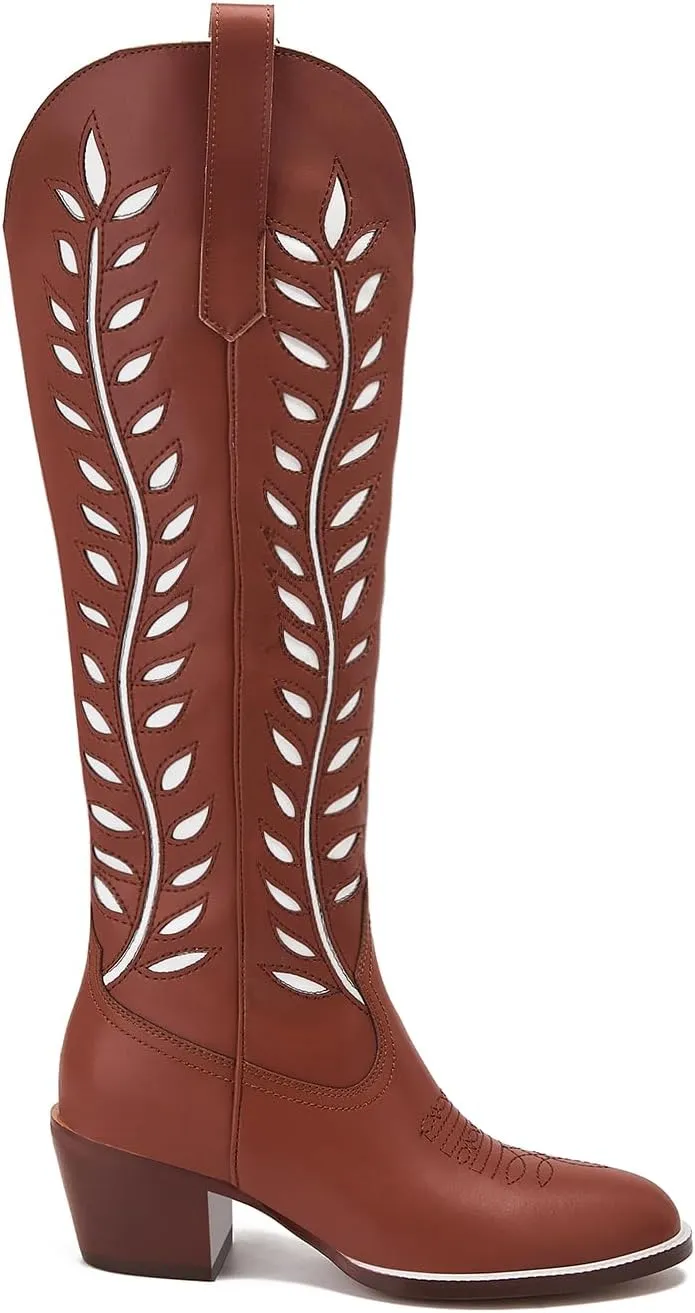 Yishaweiqi Embroidered Cowboy Boots for Women Almond Round Toe Chunky Heel Cowgirl Boots Pull On Knee High Western Boots with Contrast Foliage Inlay