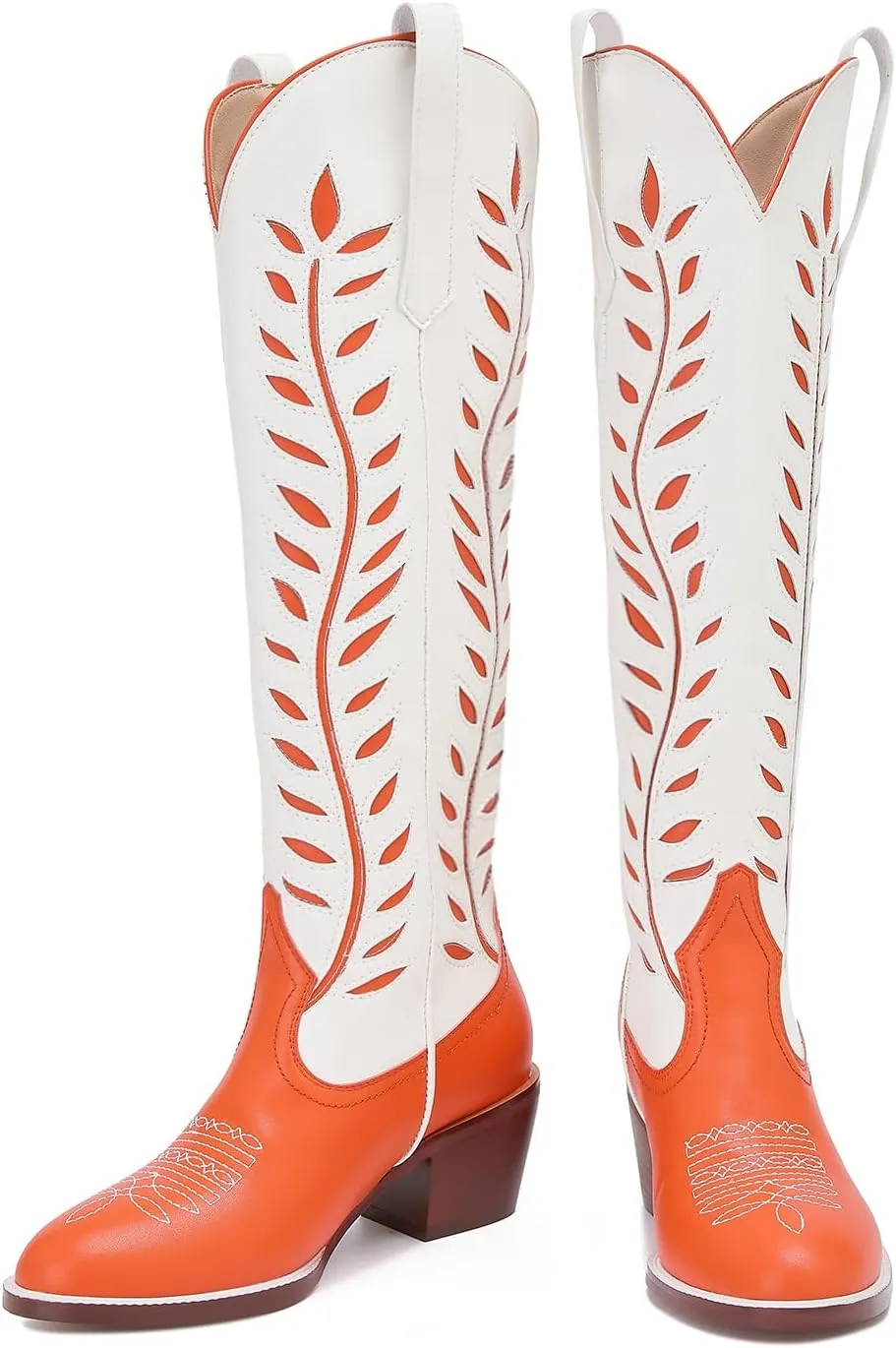 Yishaweiqi Embroidered Cowboy Boots for Women Almond Round Toe Chunky Heel Cowgirl Boots Pull On Knee High Western Boots with Contrast Foliage Inlay