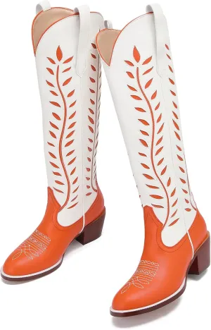 Yishaweiqi Embroidered Cowboy Boots for Women Almond Round Toe Chunky Heel Cowgirl Boots Pull On Knee High Western Boots with Contrast Foliage Inlay