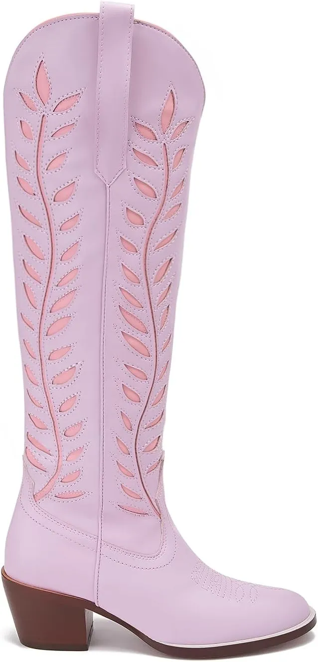 Yishaweiqi Embroidered Cowboy Boots for Women Almond Round Toe Chunky Heel Cowgirl Boots Pull On Knee High Western Boots with Contrast Foliage Inlay